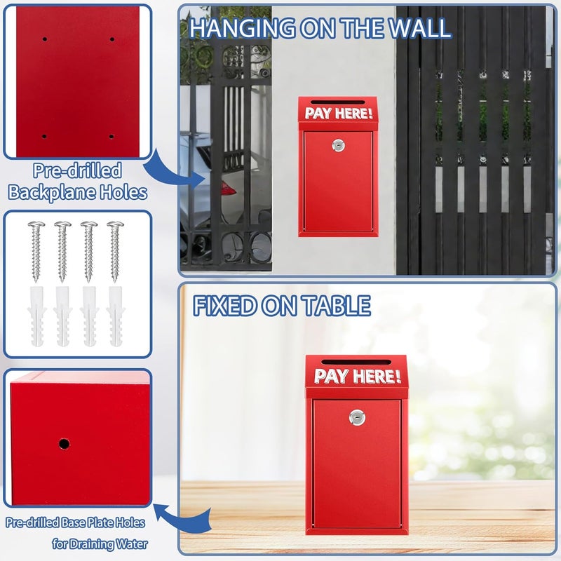 Hualleko Cash Money Box with Slot – 10.2In Metal Donation Box with Lock for Cash Deposit,Wall Mounted Money Drop with Lock and Slot for Home/Farm/Office/Outdoors(Red) - Image 3